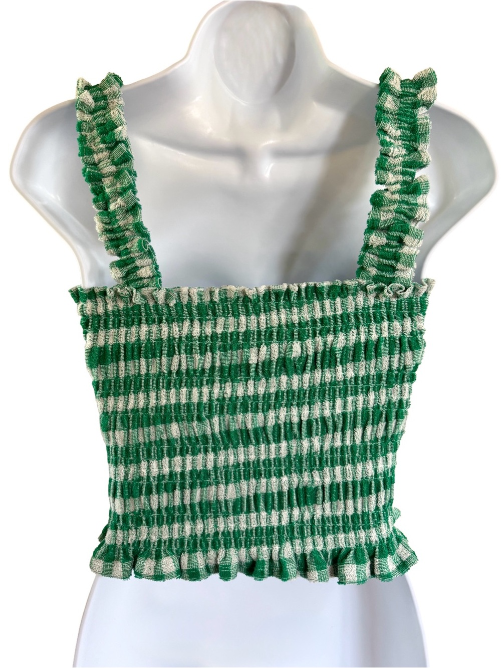Loeffler Randall Fiona Green Gingham Smocked Cotton Tank Top S - Picture 4 of 9